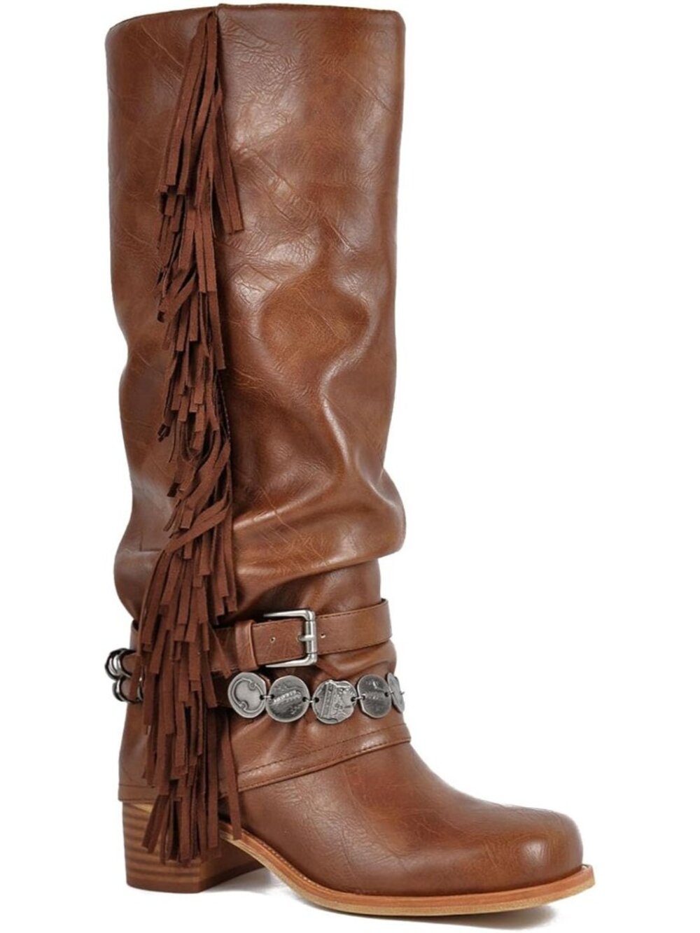 👢Women's Saddle Brown Knee High Boot Fringe Buckle Strap Chunky Heel Square Toe